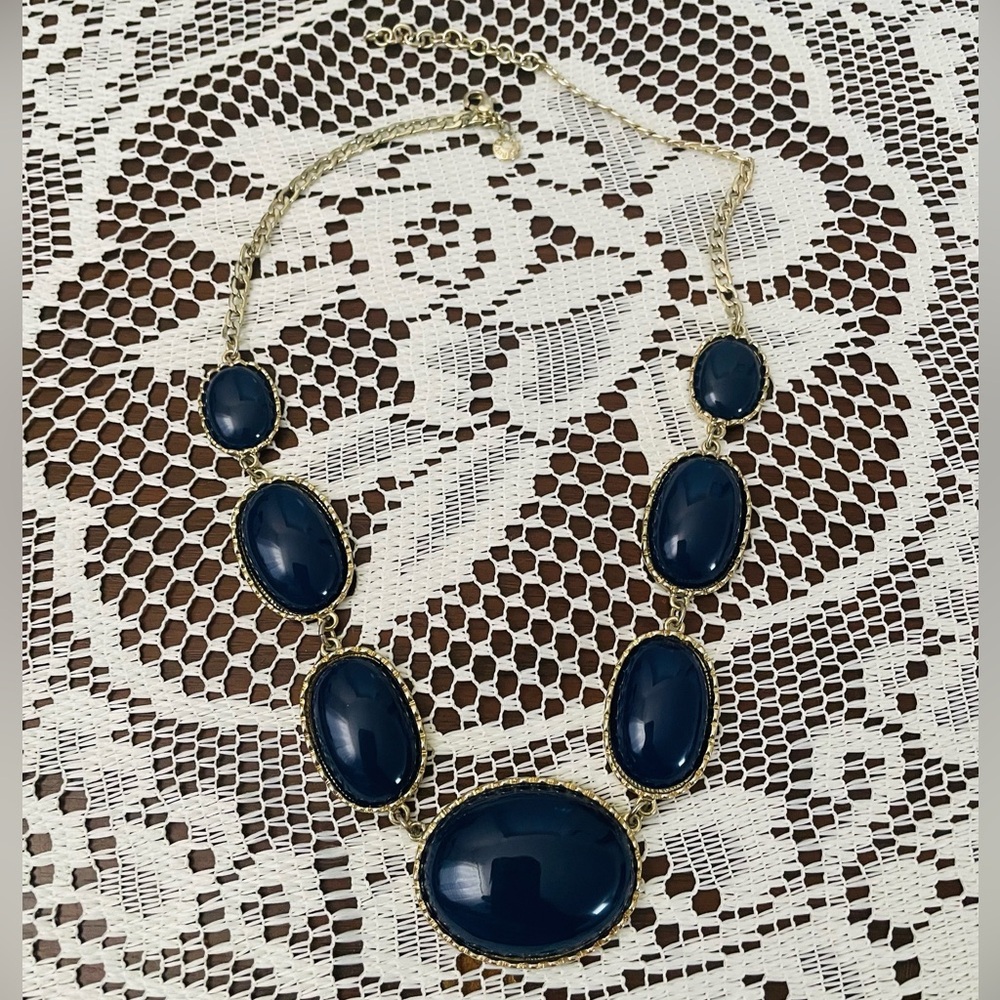 J. Crew Dark Blue Oval Necklace with Silver Chain